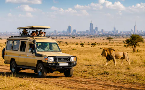 Safari vehicle with tourists observing a lion at Nairobi National Park, city skyline in background.