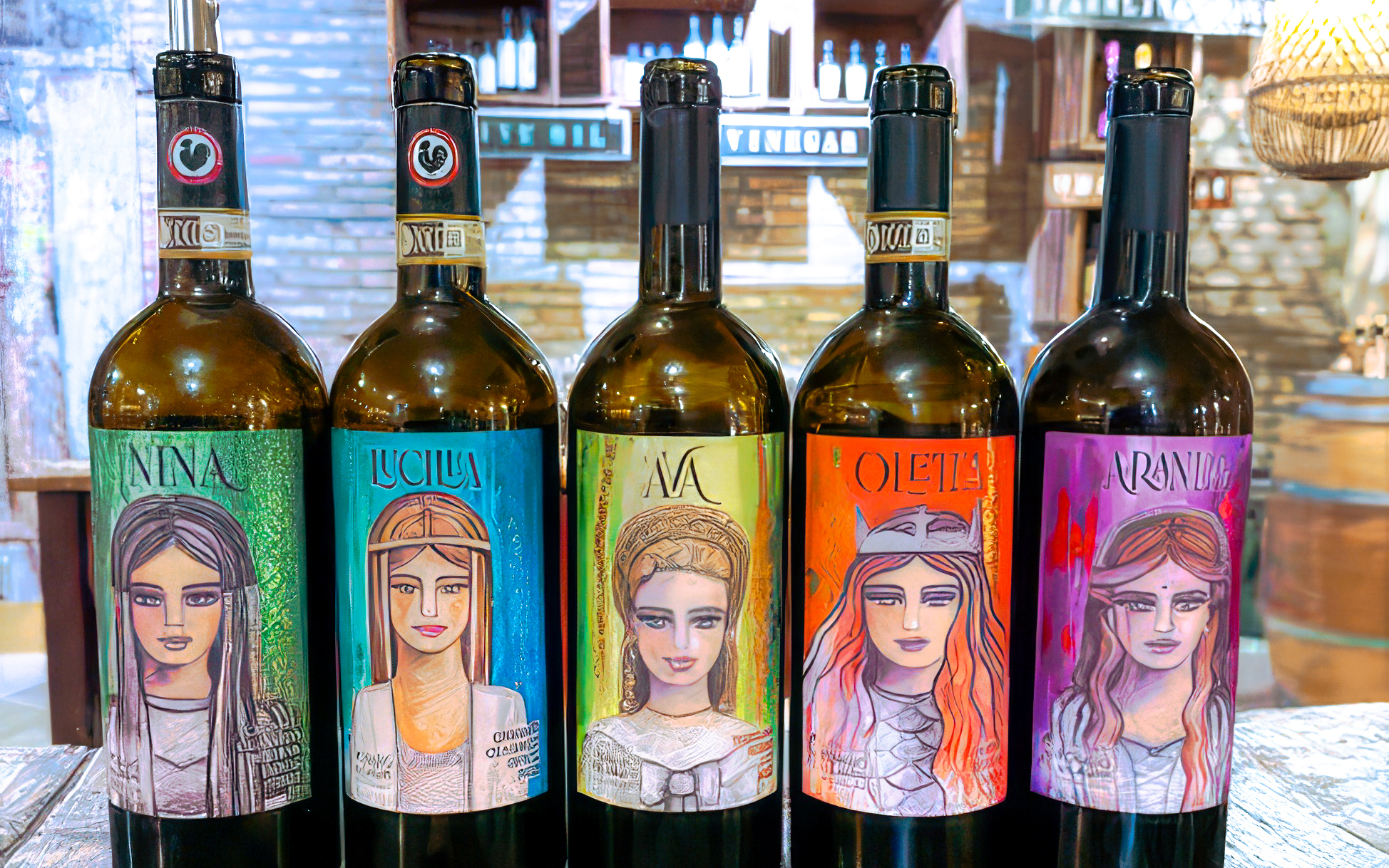 Chianti wine bottles with artistic labels displayed during Italy day trip.