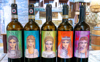 Chianti wine bottles with artistic labels displayed during Italy day trip.