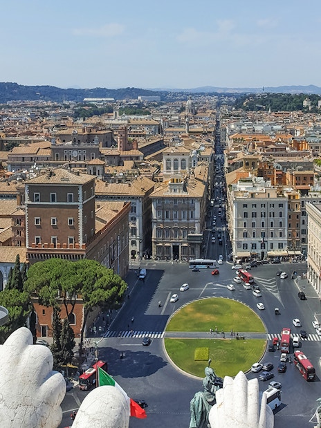 View of Rome from the Altar of the Fatherland, showcasing cityscape and historic buildings.