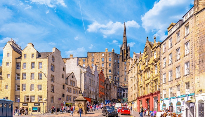 Grassmarket Edinburgh with view of historic buildings resembling Hogsmeade from Harry Potter.