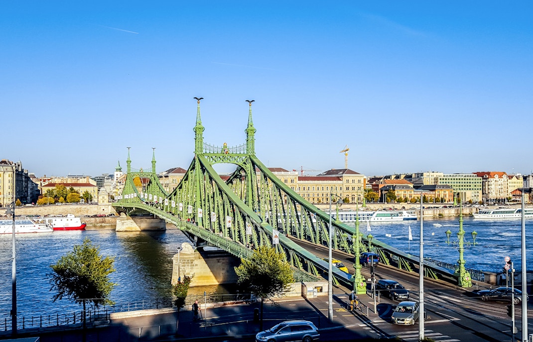 Liberty Bridge spanning the Danube River near Gellert Baths in Budapest.