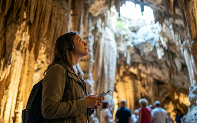 Woman using audio guide inside a cave with stalactites and tourists in the background.