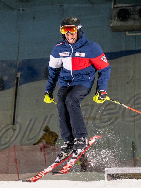 Man skiing indoors at Ski Dubai Slope.