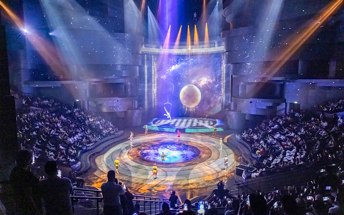Acrobats performing at La Perle by Dragone in Dubai theater.