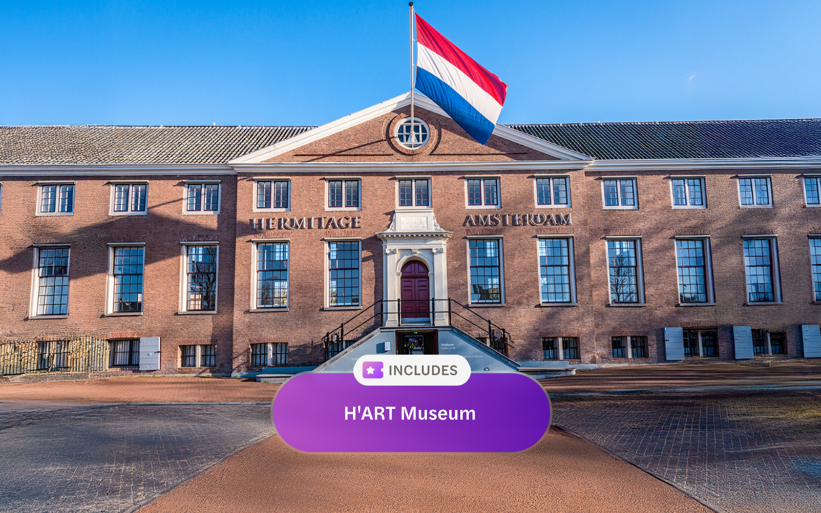 Hermitage Museum entrance in Amsterdam with Dutch flag, included in I Amsterdam City Card.