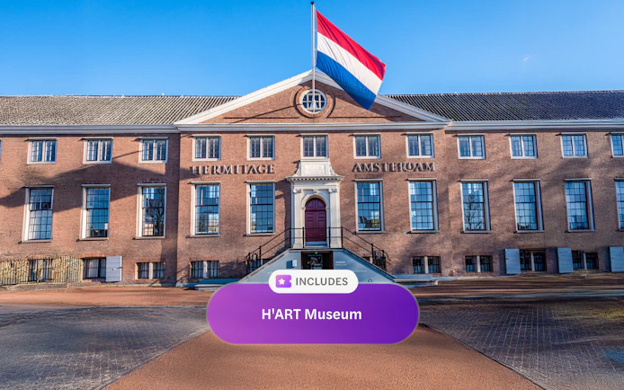Hermitage Museum entrance in Amsterdam with Dutch flag, included in I Amsterdam City Card.