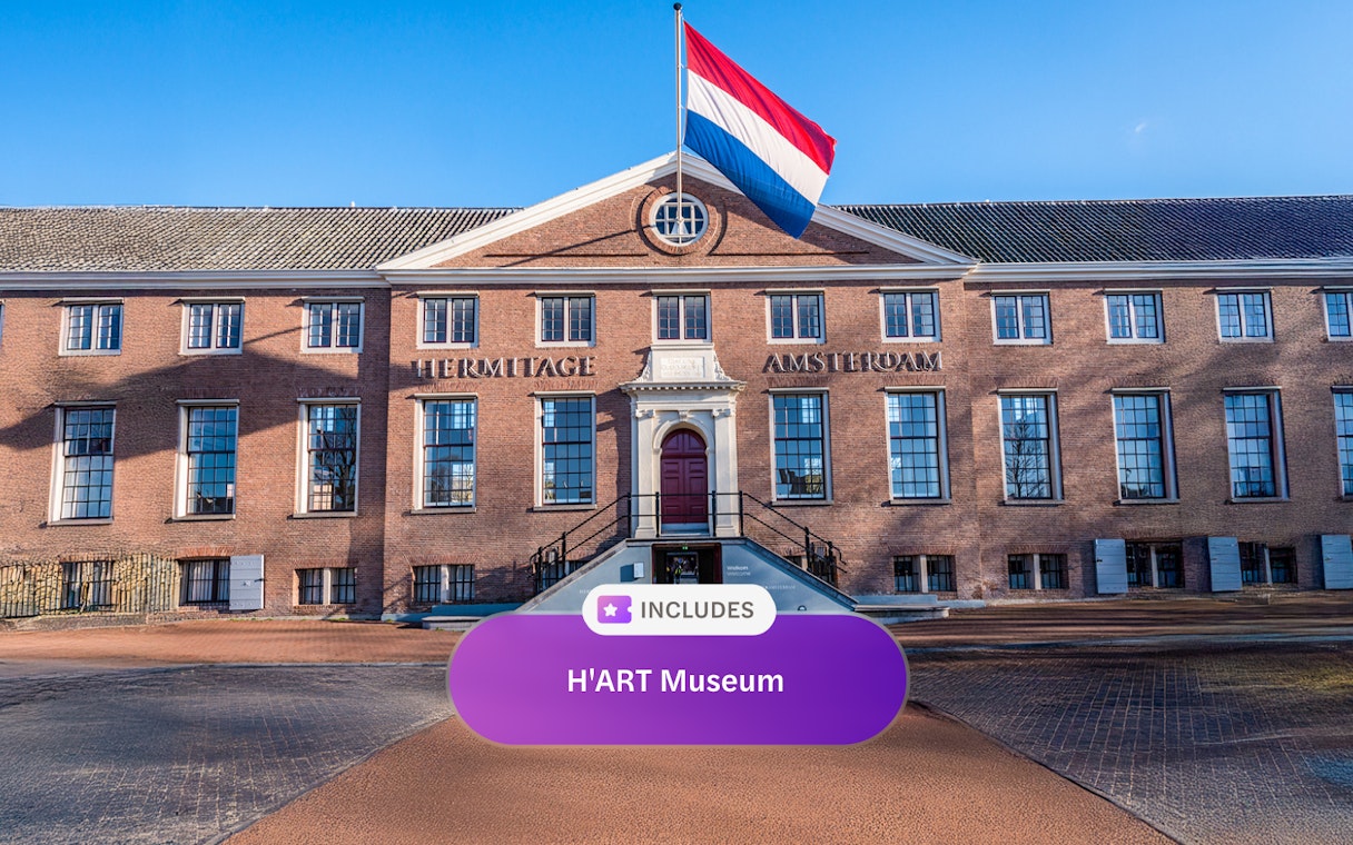 Hermitage Museum entrance in Amsterdam with Dutch flag, included in I Amsterdam City Card.