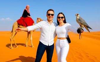 Camel ride and falconry experience in Abu Dhabi desert safari.