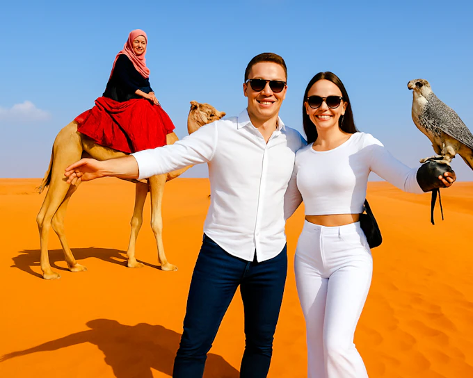 Abu Dhabi Evening Desert Safari with Pickup and Drop-off, Camel Ride, Sandboarding and BBQ Buffet Dinner (Product 56946)