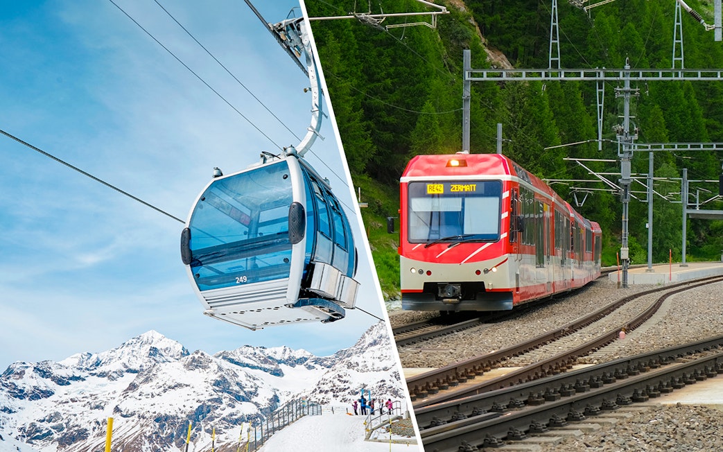 Cable car over snowy mountains and train to Zermatt in Matterhorn Glacier Paradise.