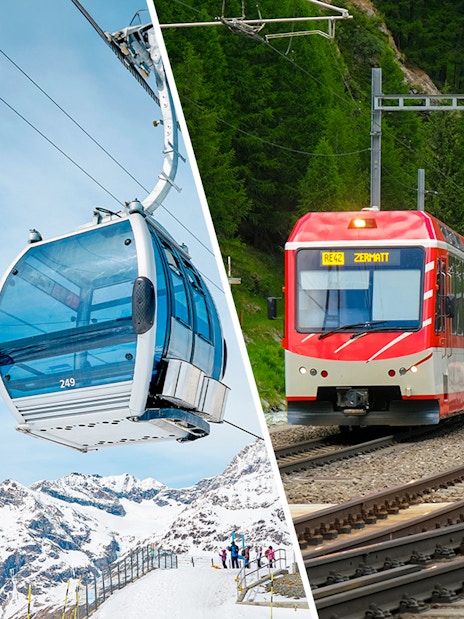 Cable car over snowy mountains and train to Zermatt in Matterhorn Glacier Paradise.