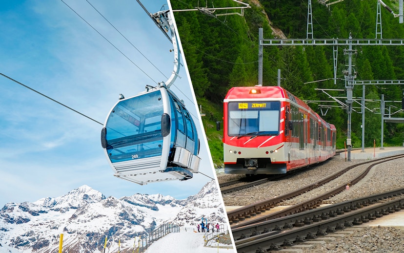 Cable car over snowy mountains and train to Zermatt in Matterhorn Glacier Paradise.