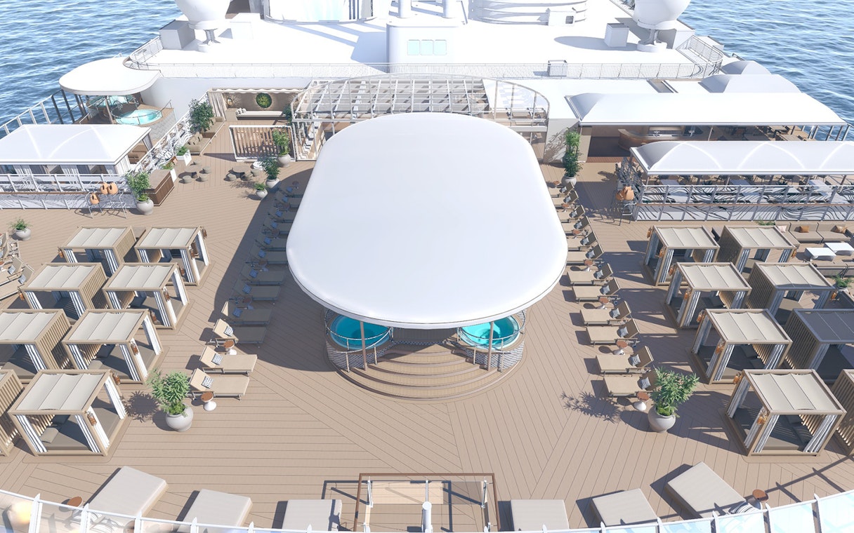 Outdoor sundeck with cabanas and pools on Disney Adventure Cruise from Singapore.