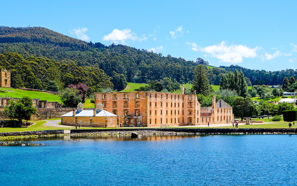 Port Arthur Historical Site with brick ruins by the water, Tasmania.