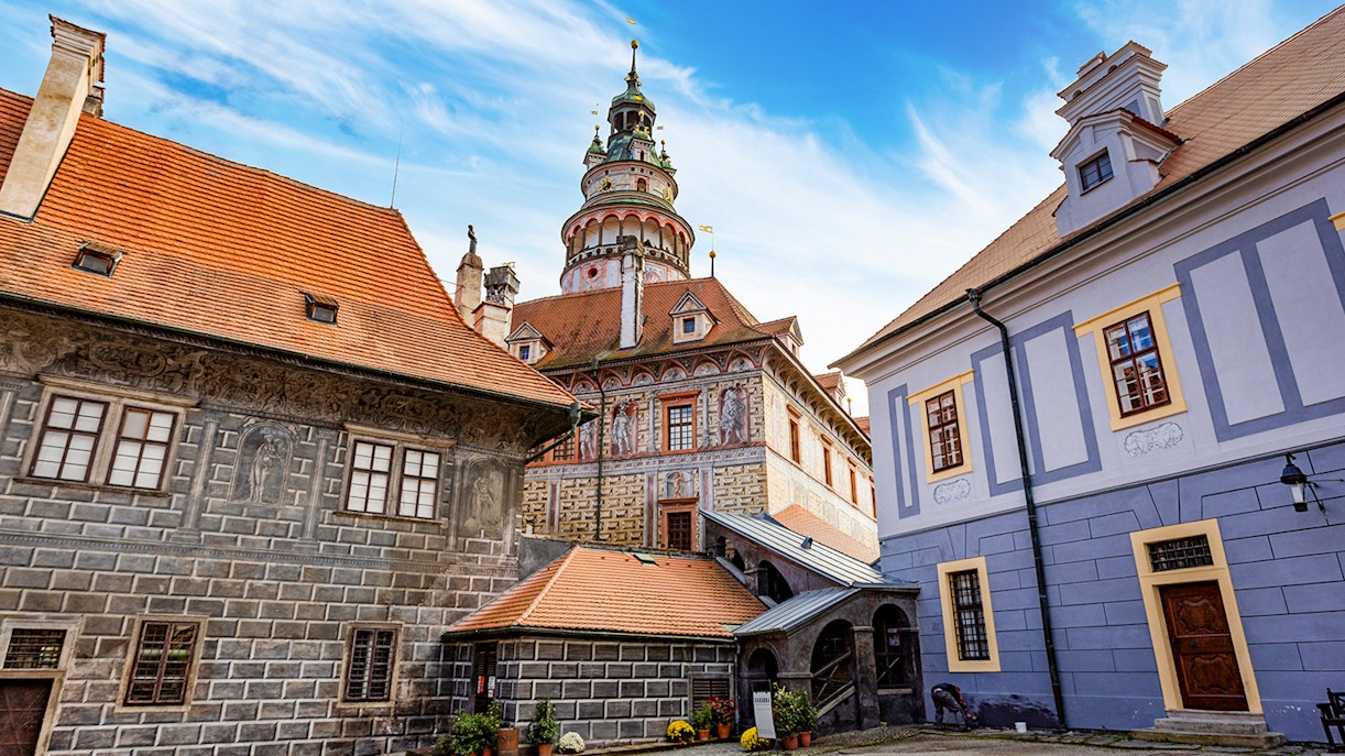Český Krumlov Castle exterior with Vltava River in Český Krumlov, Czech Republic.