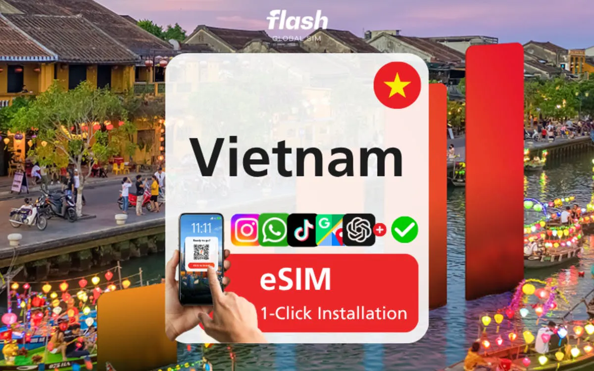 Vietnam eSIM Ultra 5G promotion with smartphone installation guide, lantern-lit river scene in background.