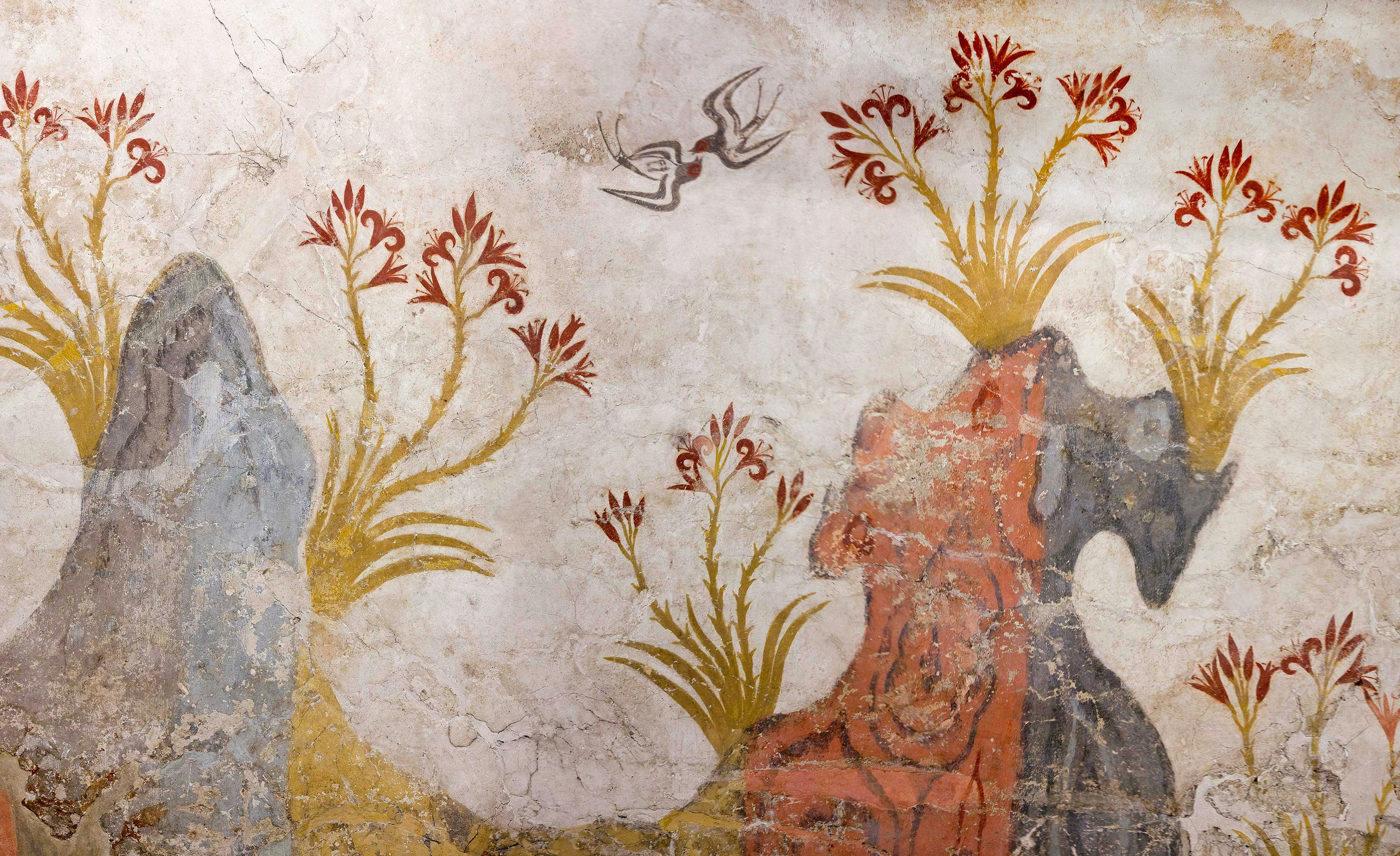 Spring Fresco mural depicting vibrant flora from Akrotiri, Thera, Greece.