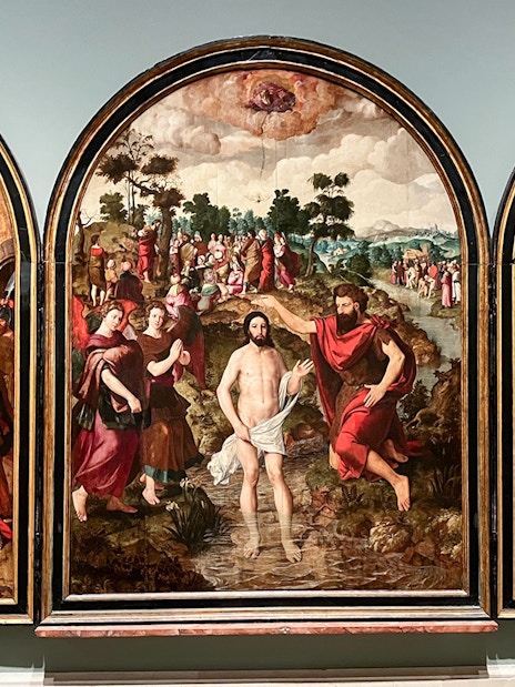 Triptych painting at Prado Museum depicting biblical scenes with figures in historical attire.