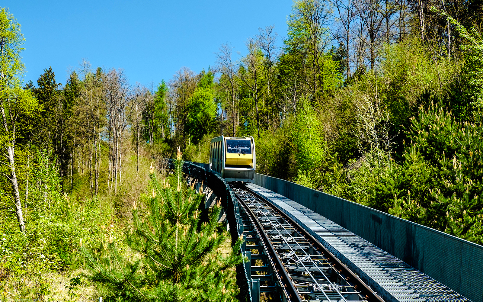 Hungerburg funicular traveling through lush forest in Austria.