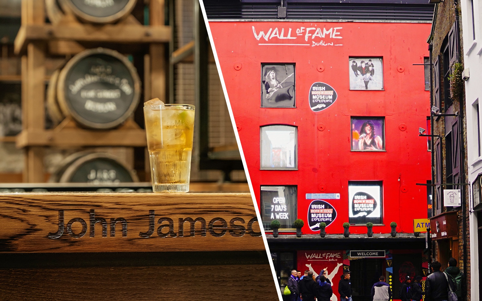 Jameson whiskey glass at Dublin distillery with Irish Rock N Roll Museum exterior.