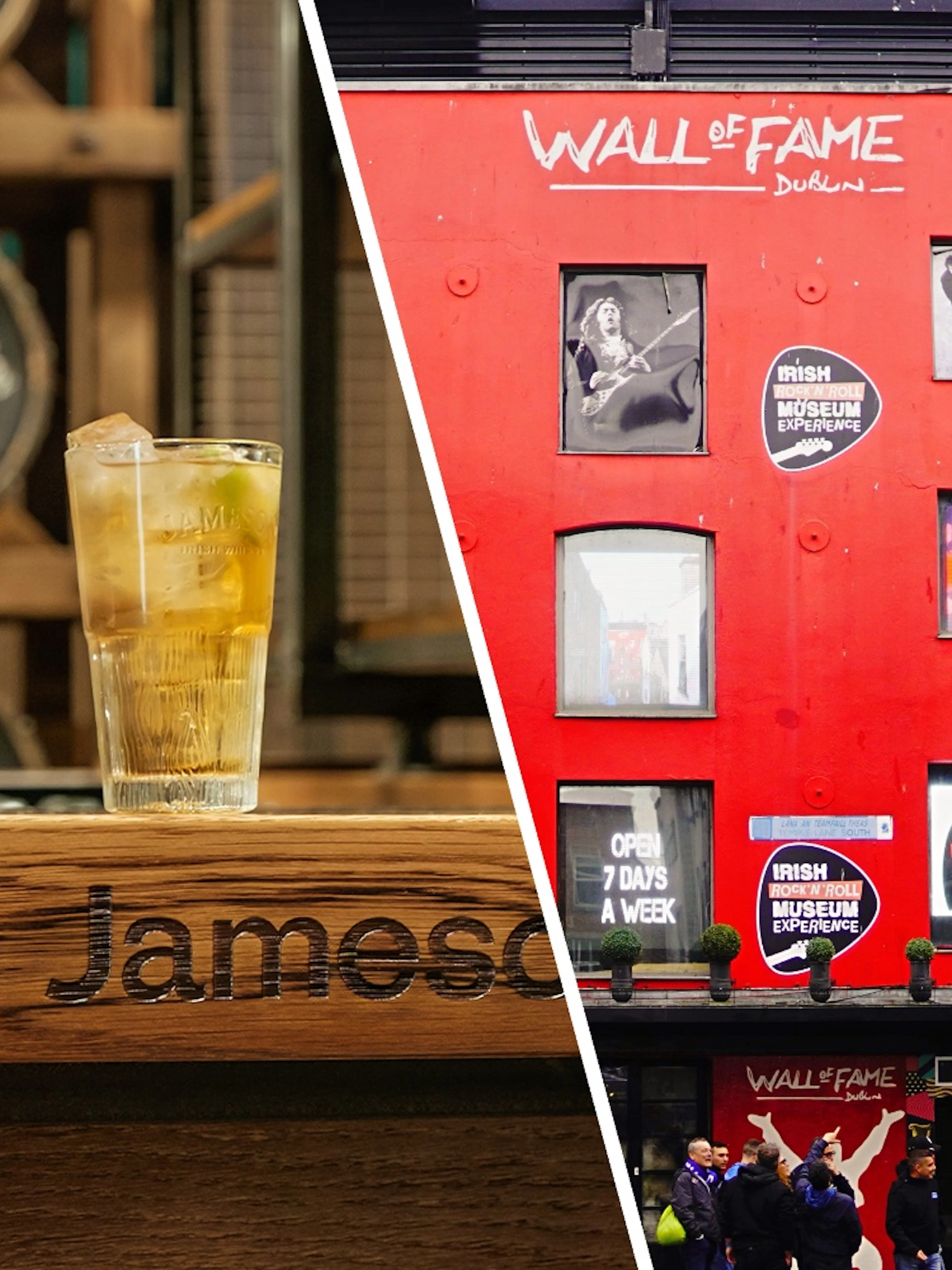 Jameson whiskey glass at Dublin distillery with Irish Rock N Roll Museum exterior.