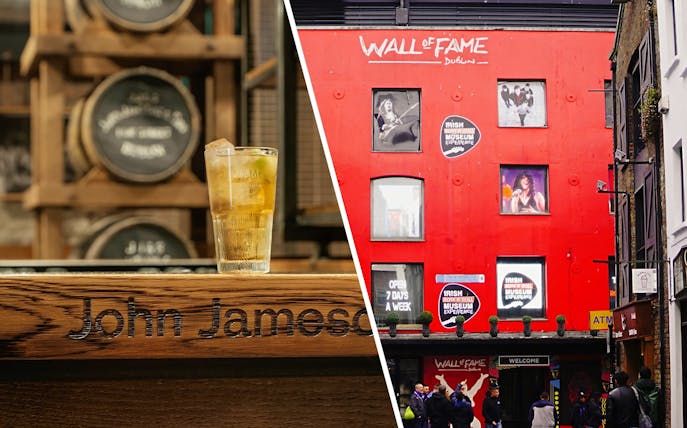 Jameson whiskey glass at Dublin distillery with Irish Rock N Roll Museum exterior.