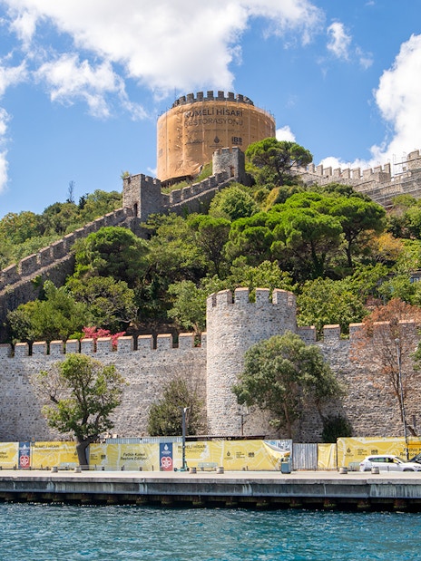 Rumeli Hisar fortress with stone walls and towers in Istanbul, Turkey.