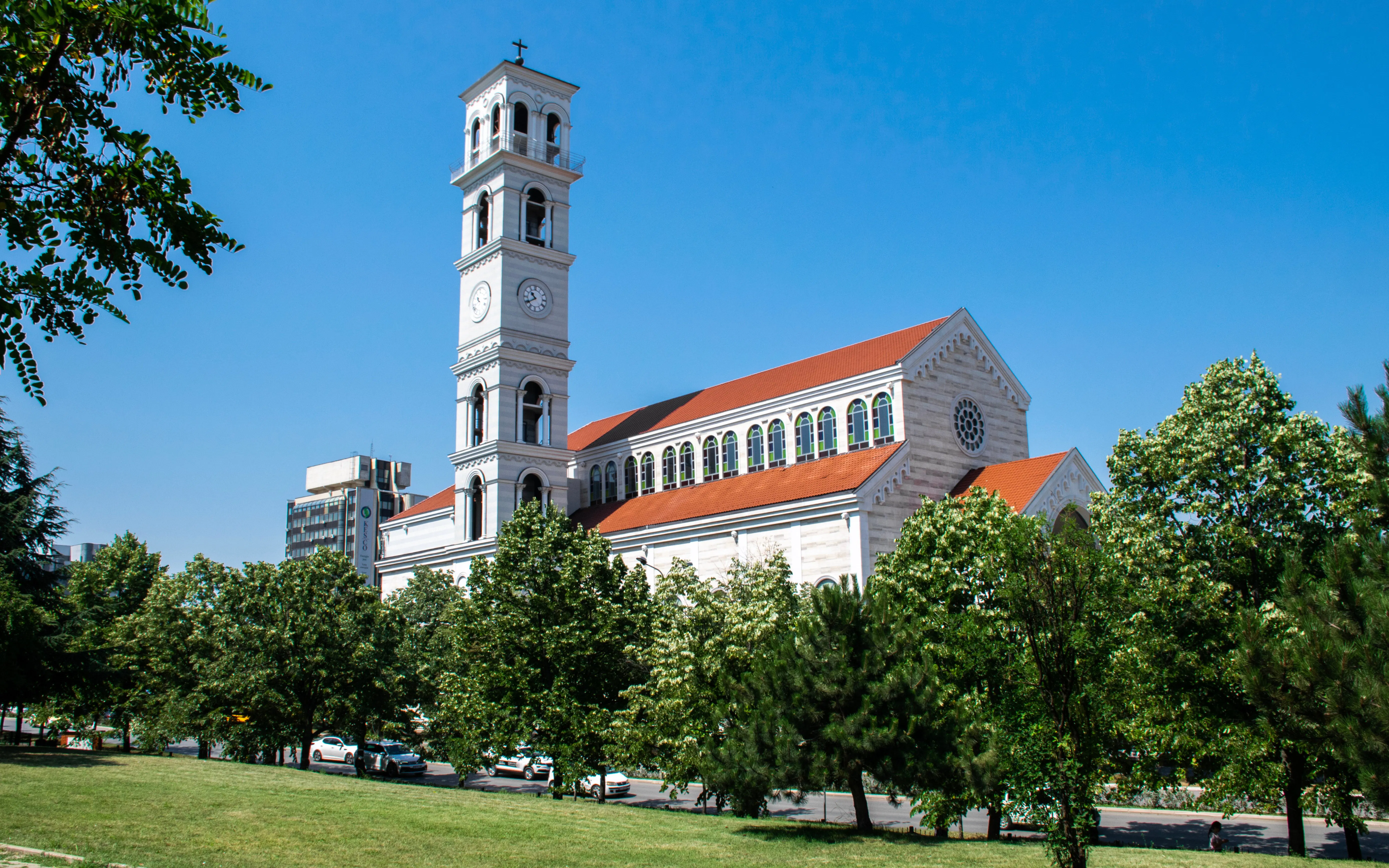 Cathedral of Saint Mother Teresa with bell tower in Pristina, Kosovo.