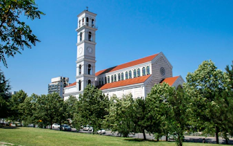 Cathedral of Saint Mother Teresa with bell tower in Pristina, Kosovo.