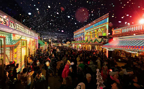 Crowd enjoying festive lights at Sovereign Hill's Winter Wonderlights event.