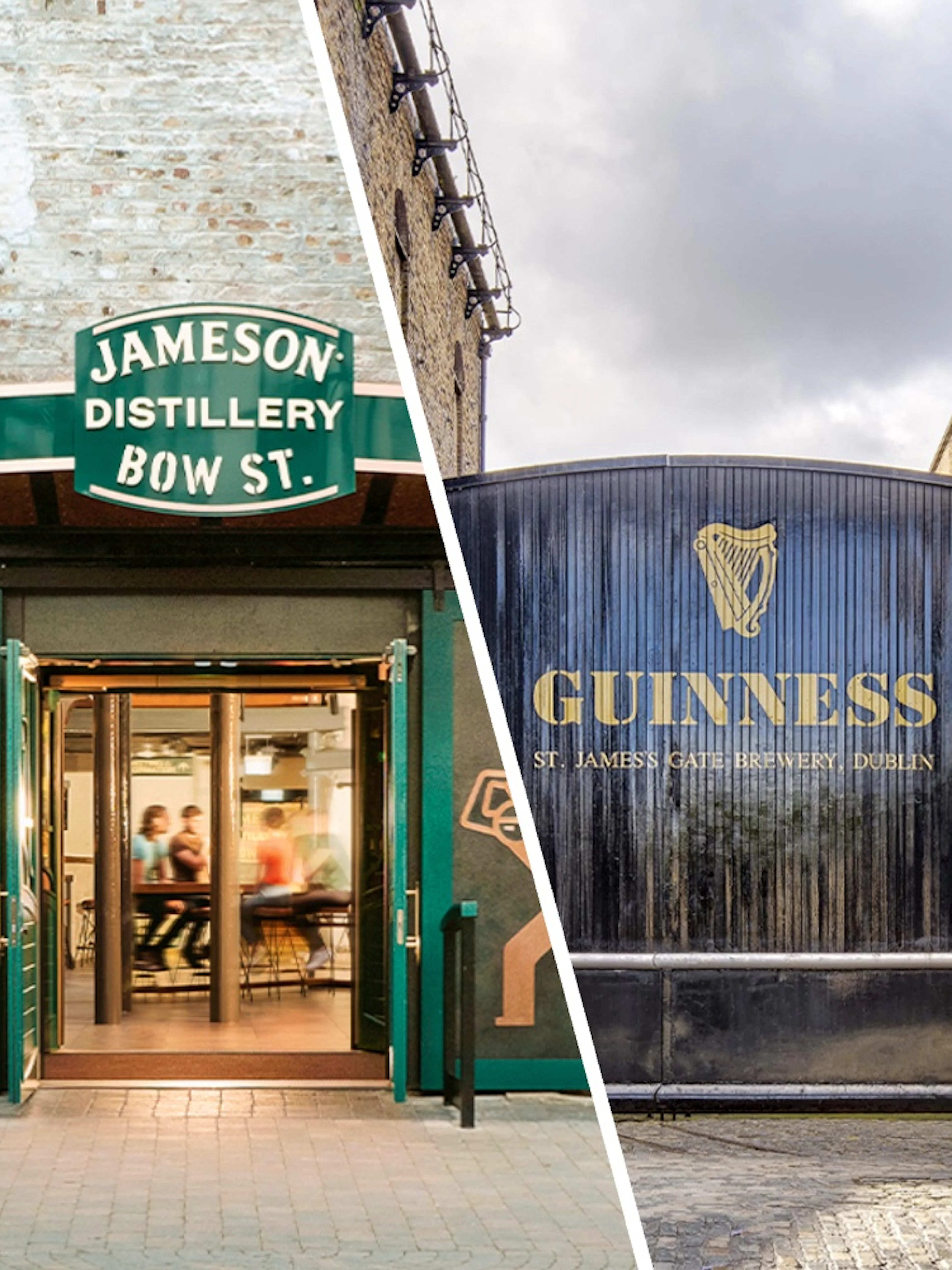 Jameson Distillery entrance and Guinness Storehouse gate in Dublin.
