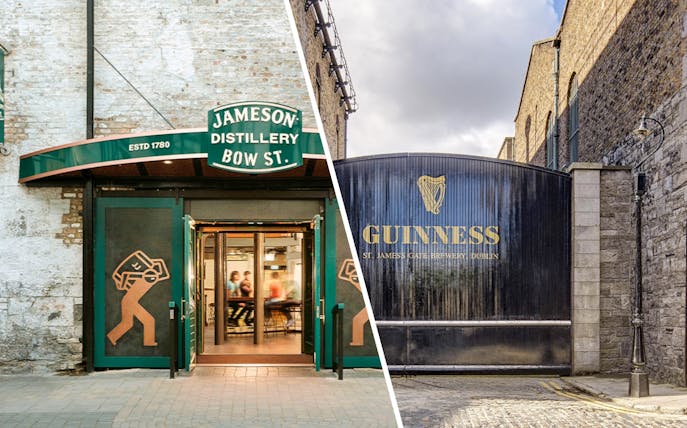 Jameson Distillery entrance and Guinness Storehouse gate in Dublin.