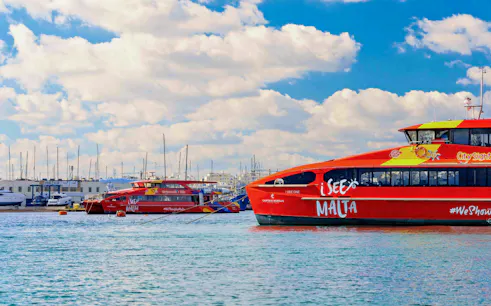 Cruises docked at the boarding area in Malta with clear skies.