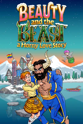 Beauty and the Beast characters in a snowy village setting with mountains and a lake.