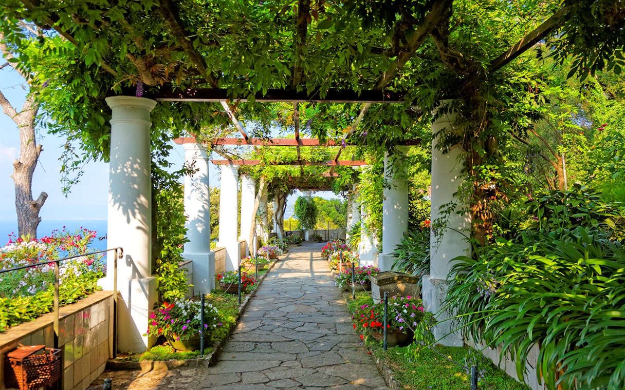 Pathway through lush garden with columns on Capri Island, Italy.