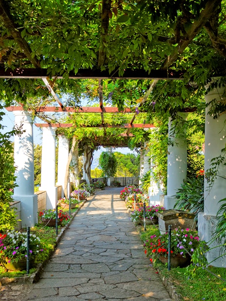 Pathway through lush garden with columns on Capri Island, Italy.