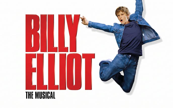 Billy Elliot the Musical poster with a jumping boy in denim outfit.