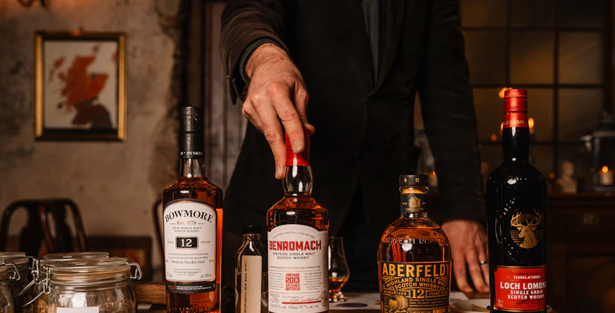 Whisky bottles on display during an underground tasting tour in Edinburgh.