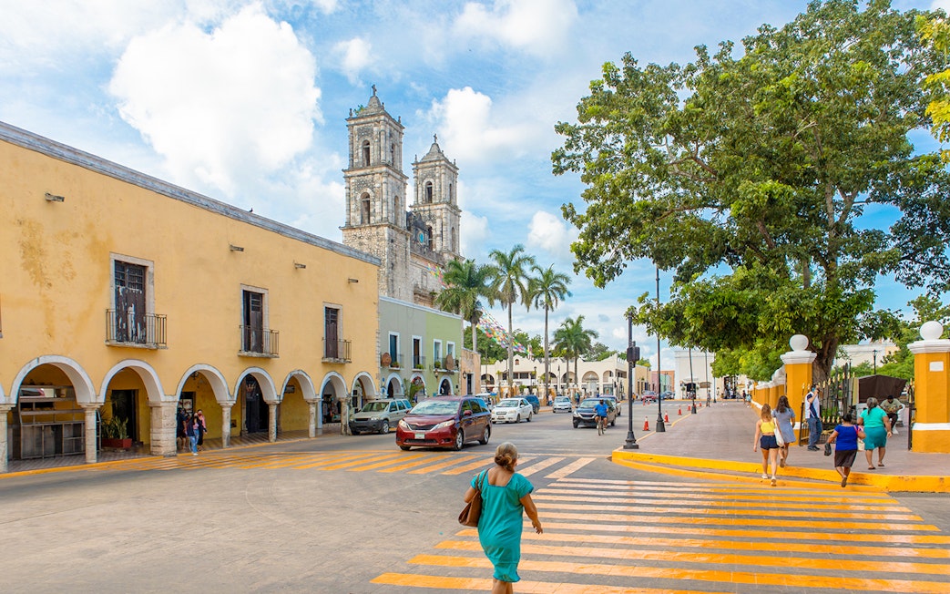 Colonial architecture and church in downtown Valladolid, Mexico.