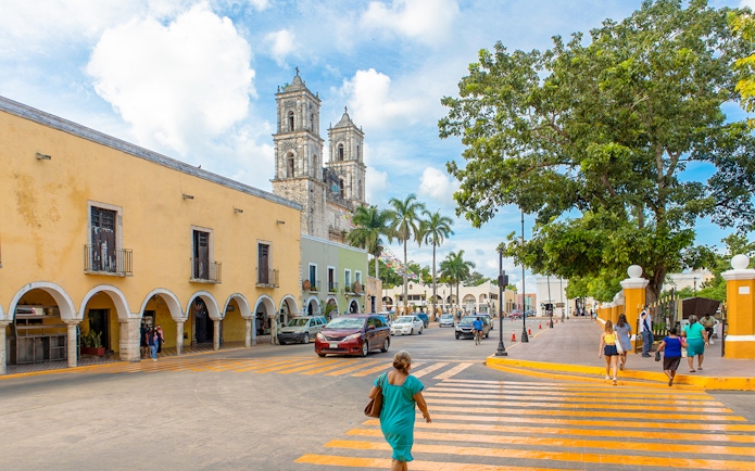 Colonial architecture and church in downtown Valladolid, Mexico.