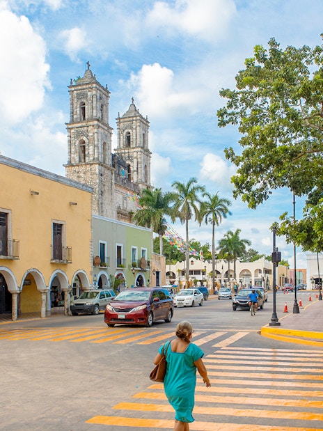 Colonial architecture and church in downtown Valladolid, Mexico.