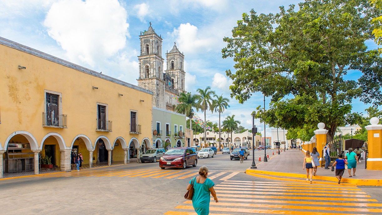 Colonial architecture and church in downtown Valladolid, Mexico.