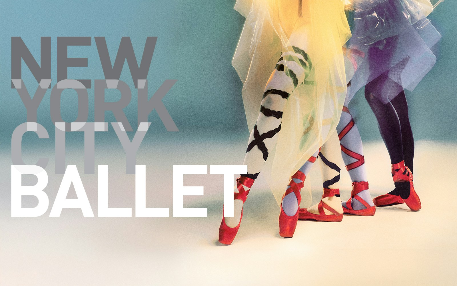 Ballet dancers in colorful costumes and red pointe shoes, New York City Ballet.
