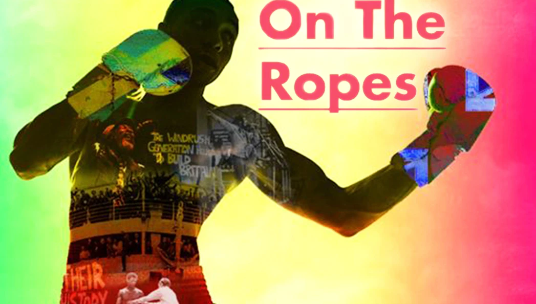 Boxer with colorful gloves and historical imagery, text "On the Ropes" in background.