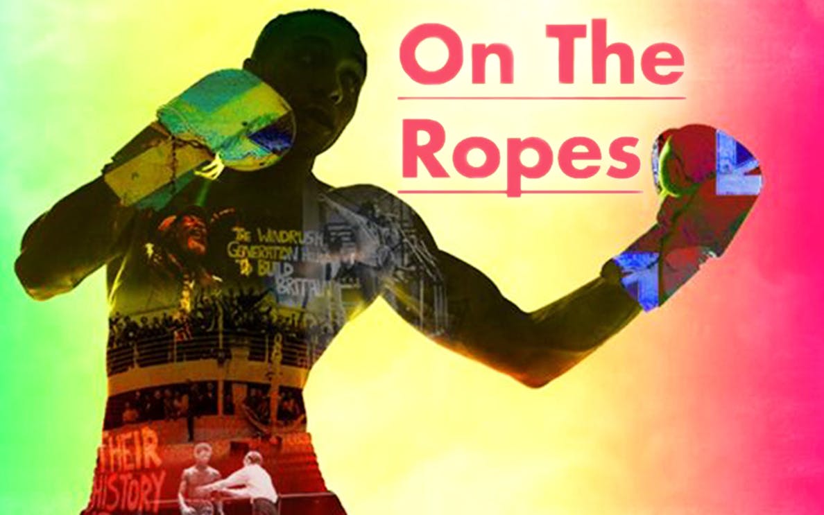 Boxer with colorful gloves and historical imagery, text "On the Ropes" in background.
