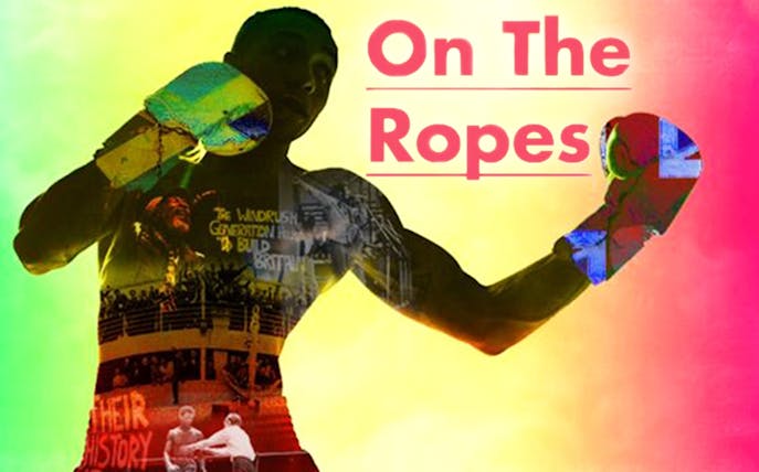 Boxer with colorful gloves and historical imagery, text "On the Ropes" in background.