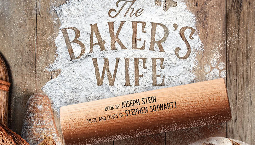 The Baker's Wife musical poster with flour, bread, and rolling pin.
