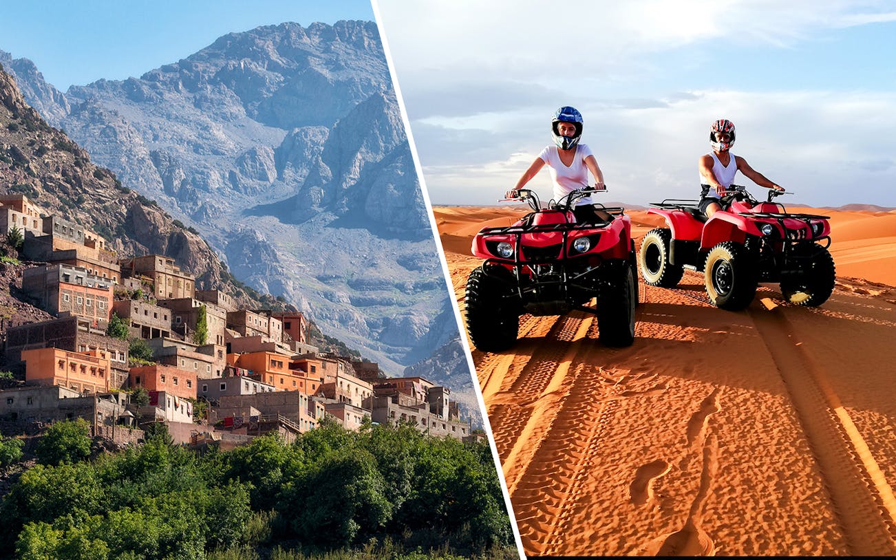 Ourika Valley village in Atlas Mountains and two people on ATVs in desert near Marrakech.