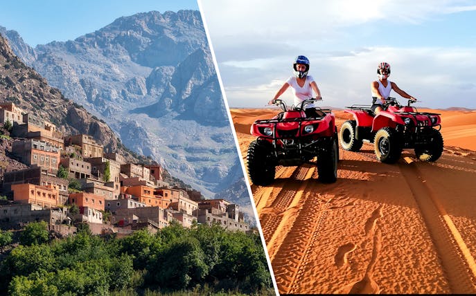 Ourika Valley village in Atlas Mountains and two people on ATVs in desert near Marrakech.